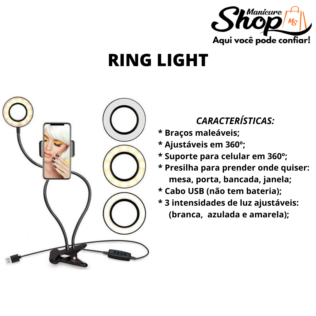Ring Light – Suporte Para Celular – 3 Cores De Luz – USB Portátil